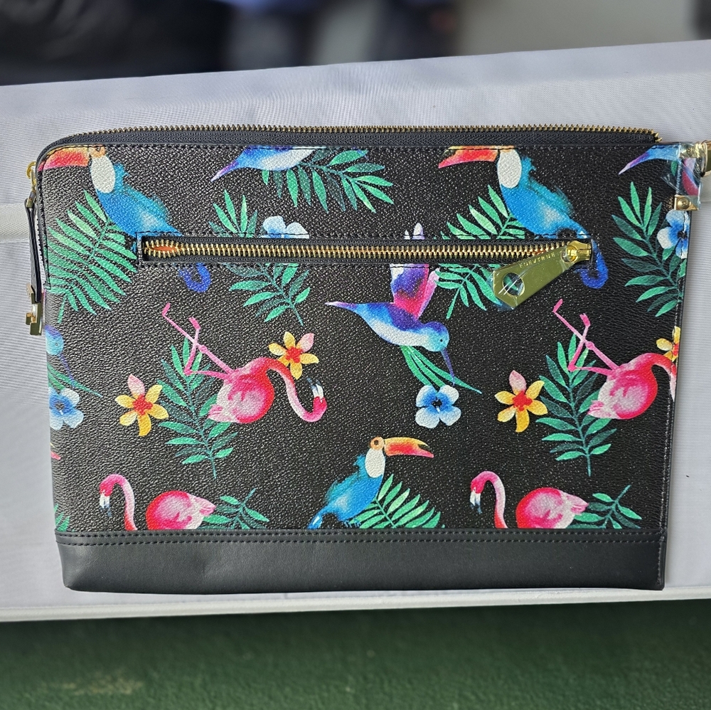 FOEVTRUE Tropical Flamingo & Toucan Zip Clutch